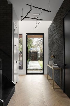 Interior, Pendant Lights, Stone Walls, Wood Texture Flooring