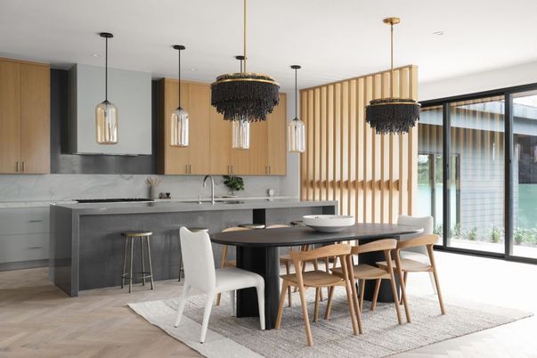 Dining room, Interior, Kitchen, Marble Walls, Pendant Lights, Recessed Lighting, Wood Texture Flooring
