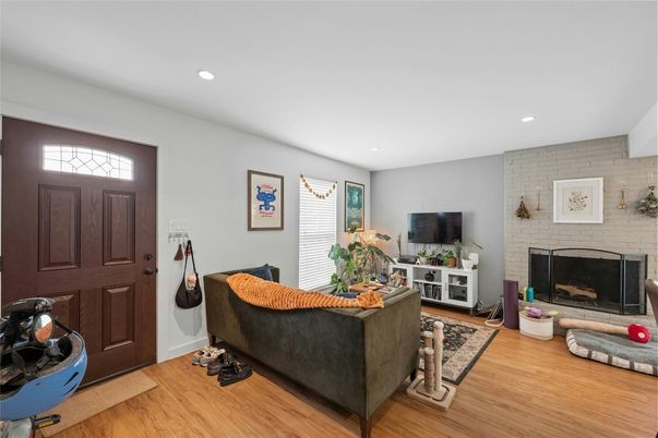 Fireplace, Interior, Recessed Lighting, Stone Walls, Wood Texture Flooring