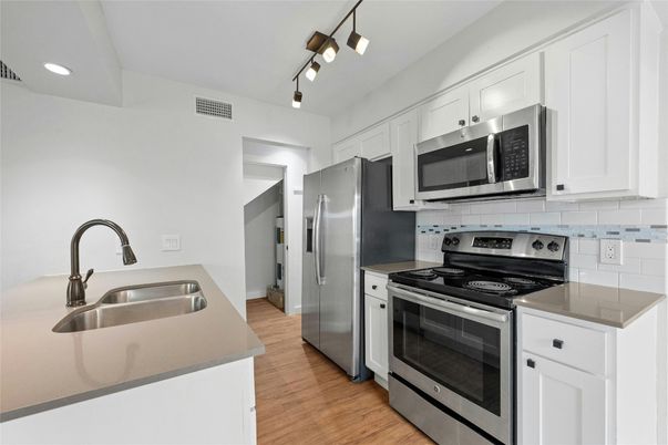 Interior, Kitchen, Recessed Lighting, Stainless Steel Appliances, Wood Texture Flooring