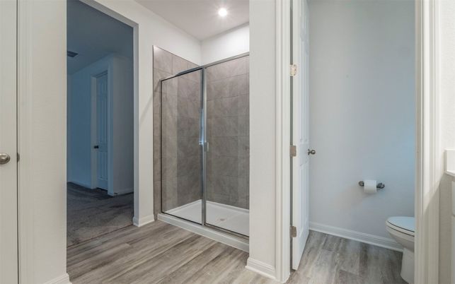 Bathroom, Glass Shower, Interior, Recessed Lighting, Wood Texture Flooring