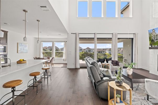 Dining room, Interior, Living room, Pendant Lights, Recessed Lighting, Wood Texture Flooring