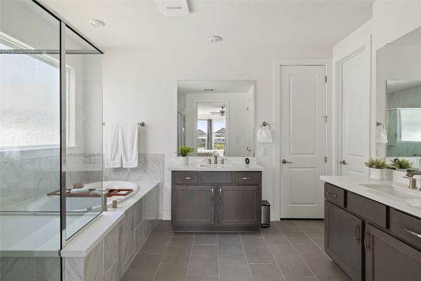Bathroom, Dual Sink Vanities, Glass Shower, Interior, Recessed Lighting