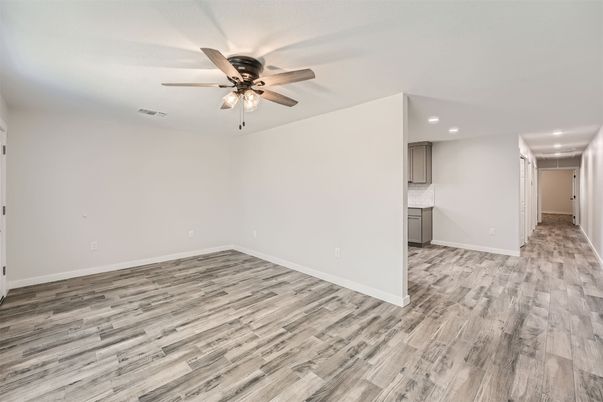 Empty room, Interior, Recessed Lighting, Wood Texture Flooring