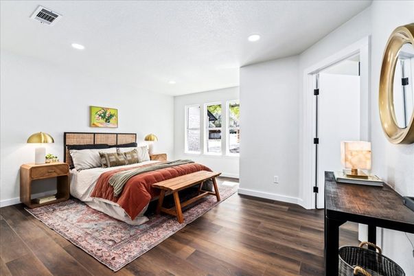 Bedroom, Interior, Recessed Lighting, Wood Texture Flooring