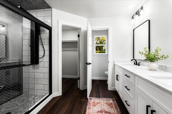 Bathroom, Dual Sink Vanities, Glass Shower, Interior, Wood Texture Flooring