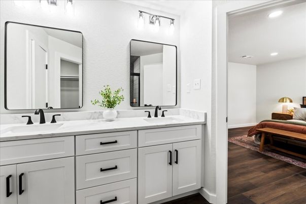 Bathroom, Dual Sink Vanities, Interior, Recessed Lighting, Wood Texture Flooring