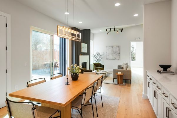 Dining room, Interior, Living room, Pendant Lights, Recessed Lighting, Wood Texture Flooring