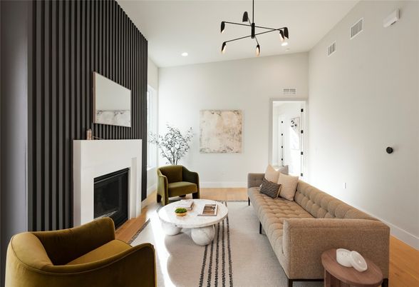 Fireplace, Interior, Living room, Pendant Lights, Recessed Lighting, Wood Texture Flooring