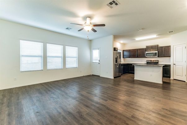 Empty room, Interior, Kitchen, Stainless Steel Appliances, Wood Texture Flooring