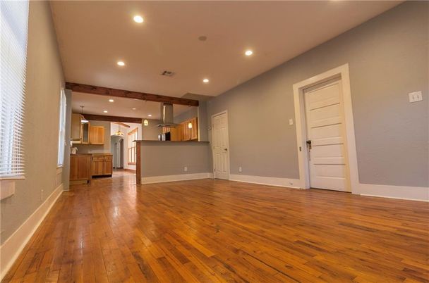 Empty room, Interior, Kitchen, Pendant Lights, Recessed Lighting, Wooden Beams, Wood Texture Flooring