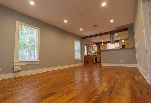 Empty room, Interior, Kitchen, Recessed Lighting, Wooden Beams, Wood Texture Flooring