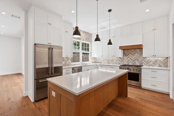 Interior, Kitchen, Pendant Lights, Recessed Lighting, Stainless Steel Appliances, Wood Texture Flooring