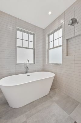 Bathroom, Free Standing Baths, Glass Shower, Interior, Recessed Lighting