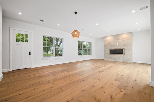 Empty room, Fireplace, Interior, Pendant Lights, Recessed Lighting, Wood Texture Flooring