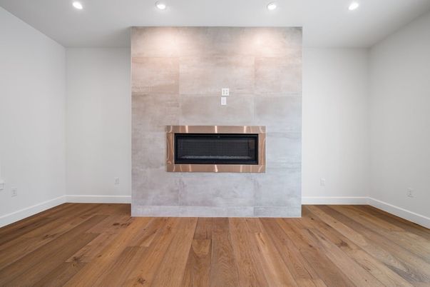 Empty room, Fireplace, Interior, Recessed Lighting, Wood Texture Flooring