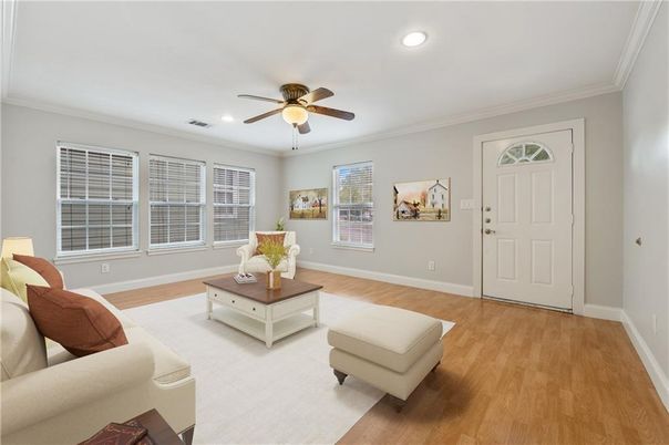 Interior, Living room, Recessed Lighting, Wood Texture Flooring