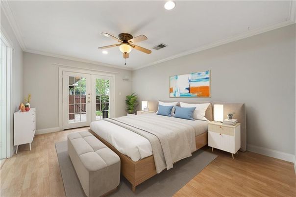 Bedroom, Interior, Recessed Lighting, Wood Texture Flooring