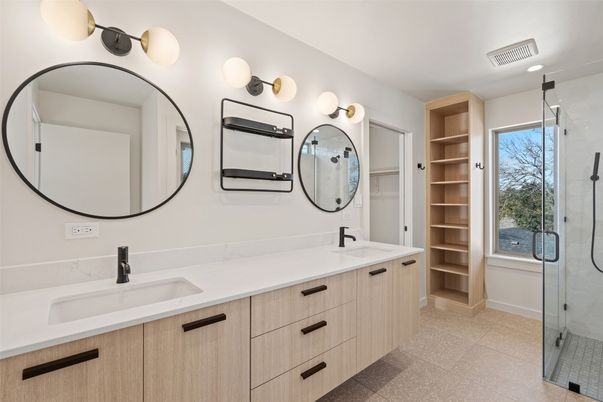 Bathroom, Dual Sink Vanities, Glass Shower, Interior, Recessed Lighting, Walk-in Closets
