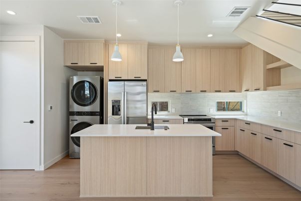 Interior, Kitchen, Pendant Lights, Recessed Lighting, Stainless Steel Appliances, Washer, Wood Texture Flooring