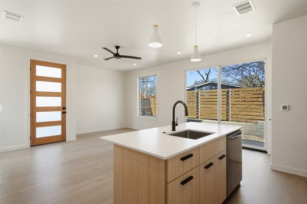 Interior, Kitchen, Pendant Lights, Recessed Lighting, Wood Texture Flooring