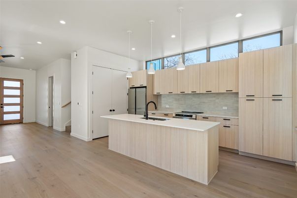 Interior, Kitchen, Pendant Lights, Recessed Lighting, Wood Texture Flooring