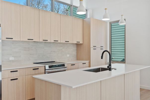 Interior, Kitchen, Pendant Lights, Stainless Steel Appliances, Wood Texture Flooring