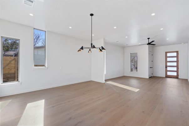 Empty room, Interior, Pendant Lights, Recessed Lighting, Wood Texture Flooring
