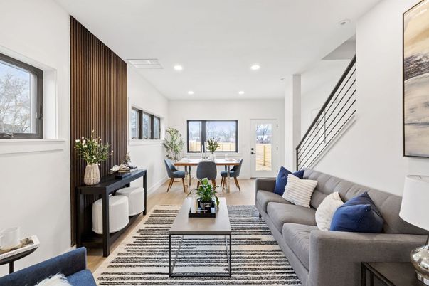 Dining room, Interior, Living room, Recessed Lighting, Wood Texture Flooring