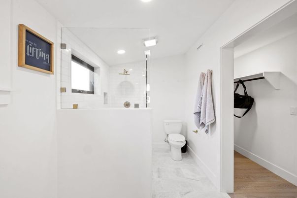 Bathroom, Interior, Marble, Recessed Lighting, Wood Texture Flooring