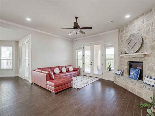 Fireplace, Interior, Living room, Recessed Lighting, Stone Walls, Wood Texture Flooring