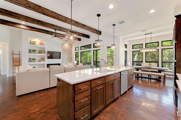 Dining room, Fireplace, Interior, Kitchen, Living room, Pendant Lights, Recessed Lighting, Stone Walls, Wooden Beams, Wood Texture Flooring