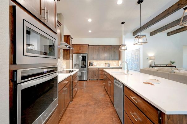 Interior, Kitchen, Pendant Lights, Recessed Lighting, Stainless Steel Appliances, Wooden Beams