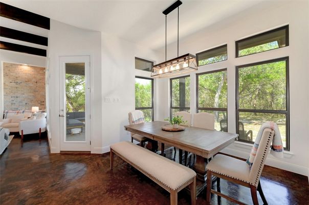 Dining room, Interior, Pendant Lights, Stone Walls, Wood Texture Flooring
