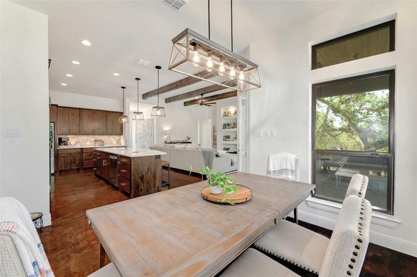 Dining room, Interior, Kitchen, Living room, Pendant Lights, Recessed Lighting, Wood Texture Flooring