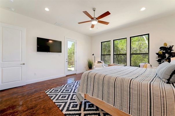 Bedroom, Interior, Recessed Lighting, Wood Texture Flooring