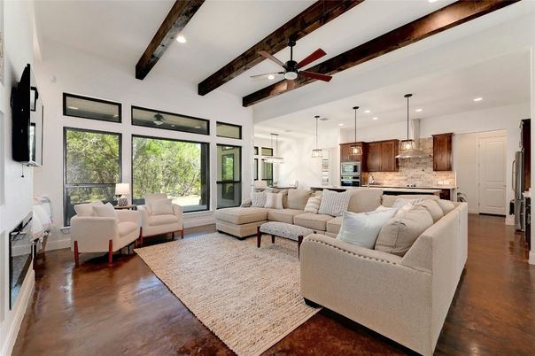 Fireplace, Interior, Kitchen, Living room, Pendant Lights, Recessed Lighting, Stainless Steel Appliances, Wooden Beams, Wood Texture Flooring