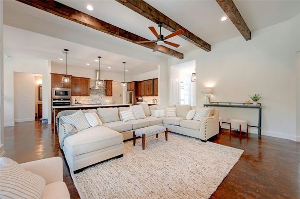 Interior, Kitchen, Living room, Pendant Lights, Recessed Lighting, Stainless Steel Appliances, Wooden Beams, Wood Texture Flooring