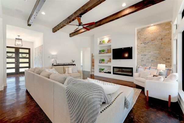 Fireplace, Interior, Living room, Recessed Lighting, Stone Walls, Wooden Beams, Wood Texture Flooring