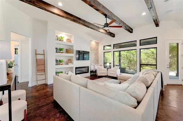 Fireplace, Interior, Living room, Recessed Lighting, Wooden Beams, Wood Texture Flooring