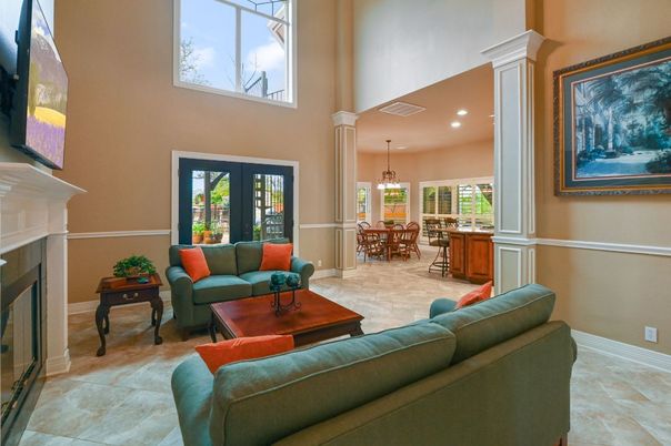 Dining room, Fireplace, Interior, Living room, Pendant Lights, Recessed Lighting