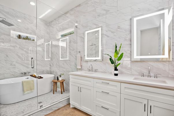 Bathroom, Dual Sink Vanities, Free Standing Baths, Glass Shower, Interior, Marble Walls, Recessed Lighting