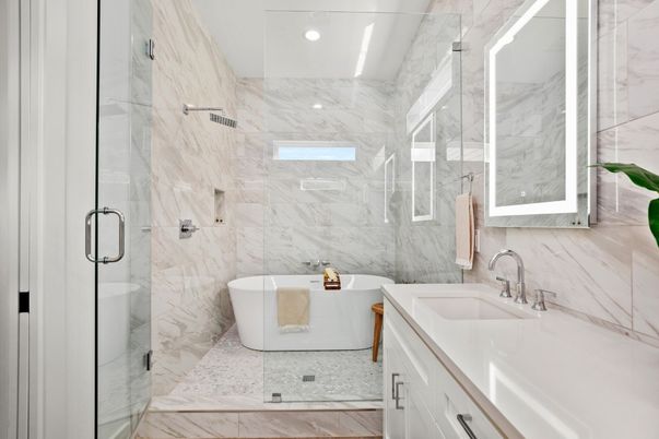 Bathroom, Free Standing Baths, Glass Shower, Interior, Marble, Marble Walls, Recessed Lighting