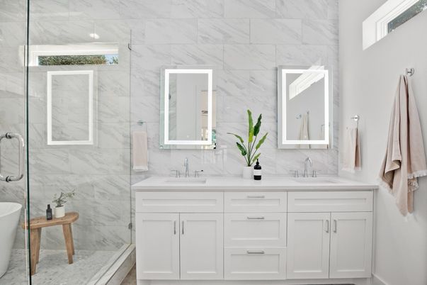 Bathroom, Dual Sink Vanities, Glass Shower, Interior, Marble Walls