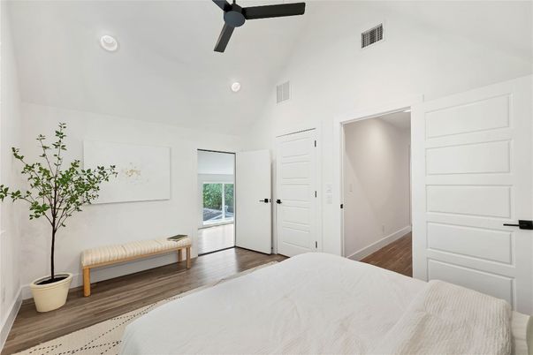 Bedroom, Interior, Recessed Lighting, Wood Texture Flooring