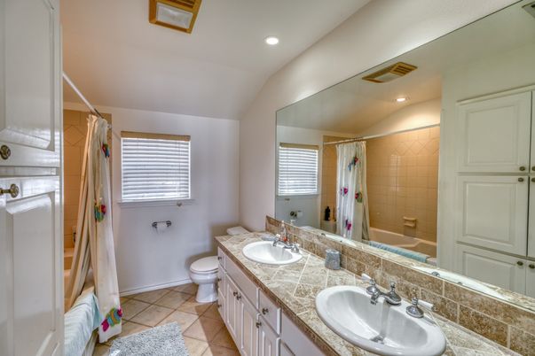 Bathroom, Dual Sink Vanities, Interior, Recessed Lighting, Tile Countertops