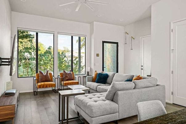 Interior, Living room, Recessed Lighting, Wood Texture Flooring