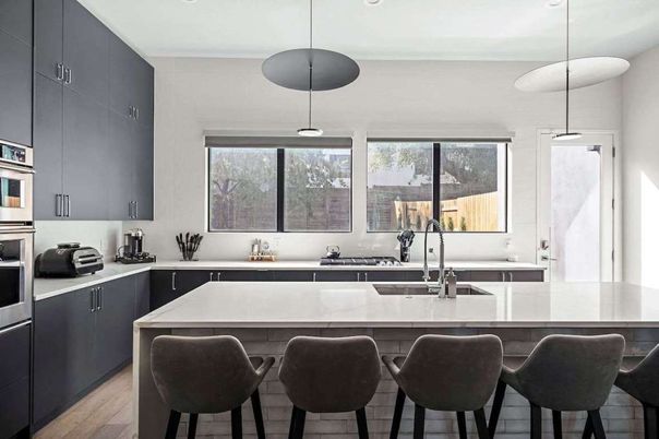 Interior, Kitchen, Pendant Lights, Recessed Lighting, Stainless Steel Appliances, Wood Texture Flooring