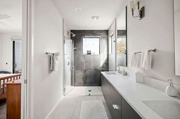 Bathroom, Dual Sink Vanities, Glass Shower, Interior, Recessed Lighting