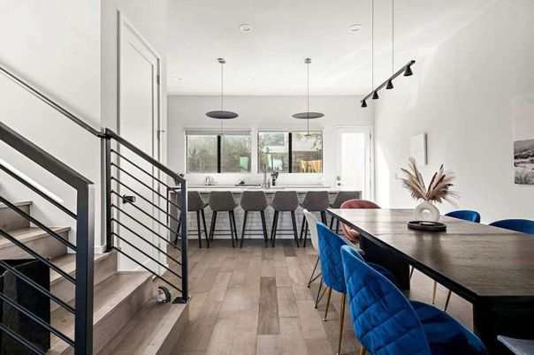 Dining room, Interior, Pendant Lights, Recessed Lighting, Wood Texture Flooring